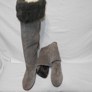 B. Makowsky Taupe Suede Fur Cuff Wedge Over the Knee Boots